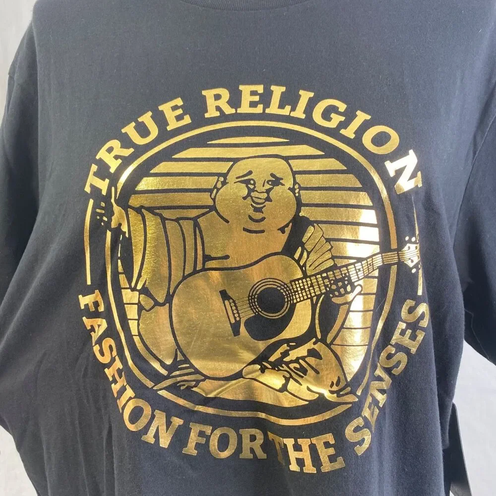 True Religion Buddha Foil Logo Shirt Mens Large Black Gold Short Sleeve Crewneck